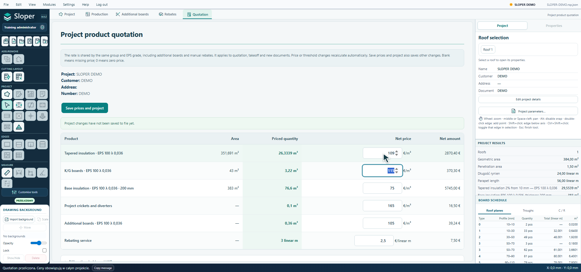 Quotation: product quantities and recalculated amounts after changing a rate.