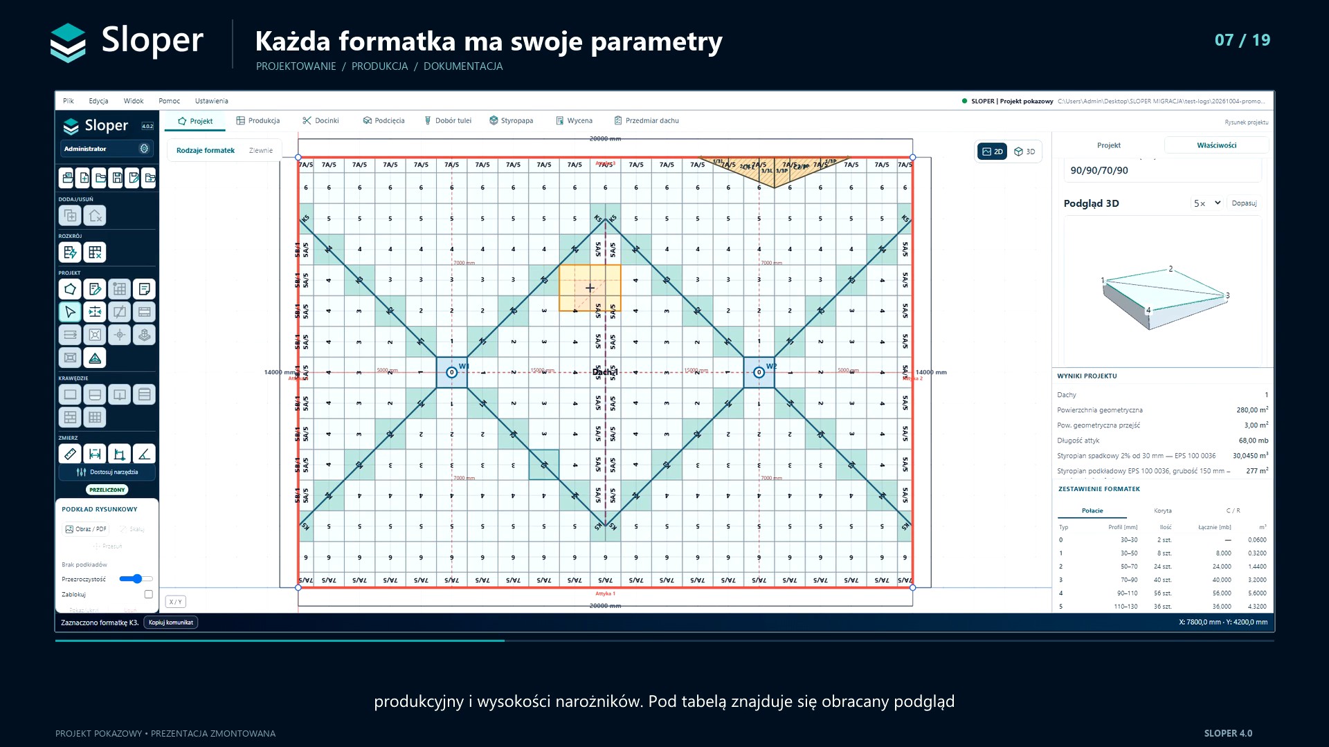 Układ formatek i właściwości wybranej płyty w Sloperze